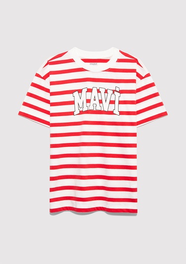  Mavi Mavi Baskılı Kırmızı Tişört Loose Fit / Bol Rahat Kesim 6610251-91366