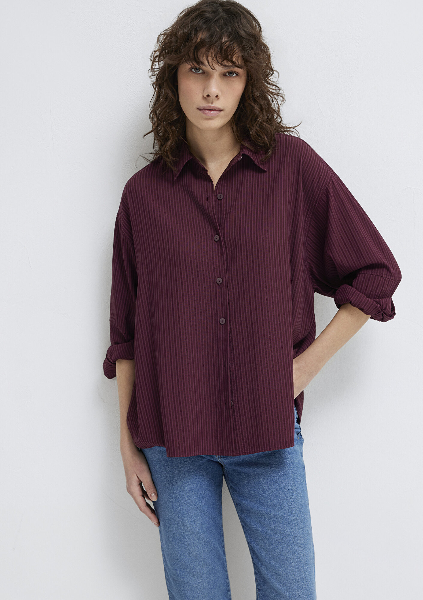 Mavi Çizgili Gömlek Oversize / Geniş Kesim 1210878-70434