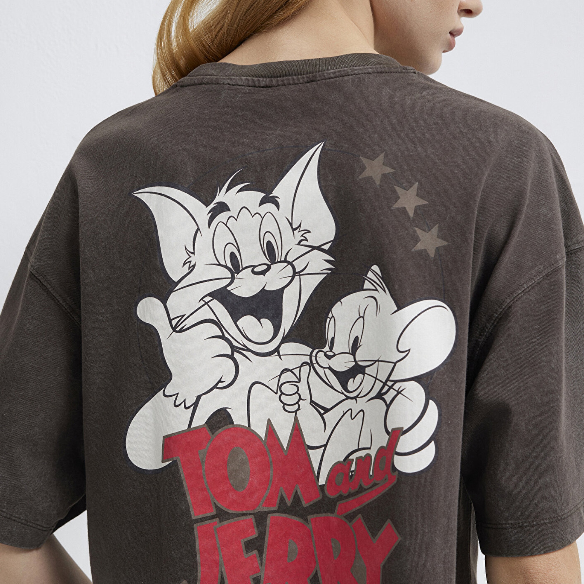 Mavi Tom ve Jerry Baskılı Kahverengi Tişört Boxy Fit 1614044-71603