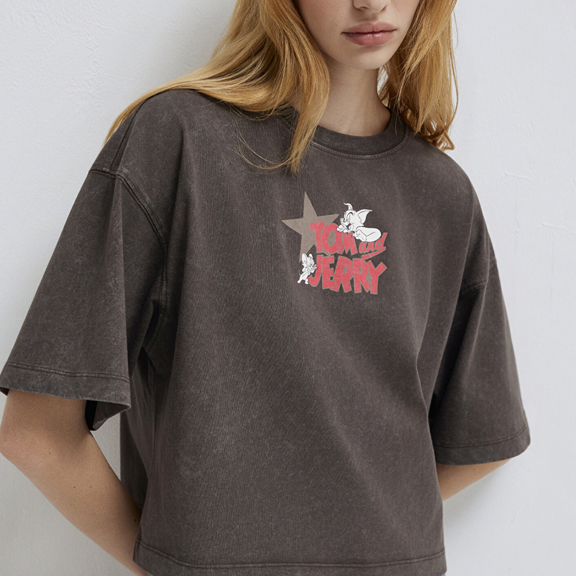 Mavi Tom ve Jerry Baskılı Kahverengi Tişört Boxy Fit 1614044-71603