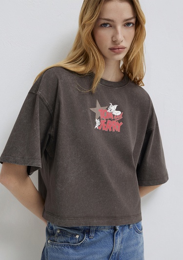  Mavi Tom ve Jerry Baskılı Kahverengi Tişört Boxy Fit 1614044-71603