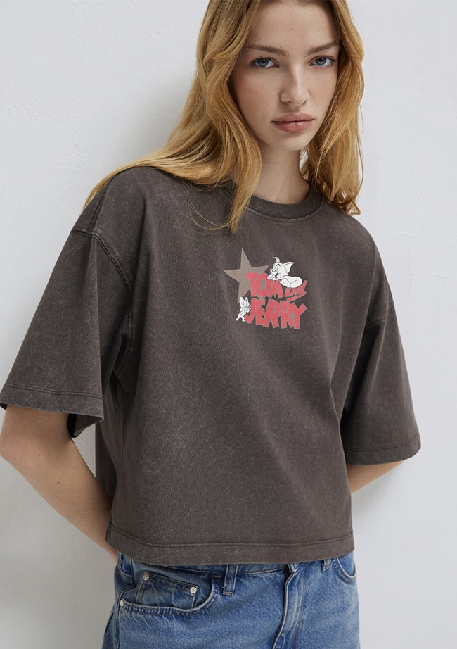  Mavi Tom ve Jerry Baskılı Kahverengi Tişört Boxy Fit 1614044-71603