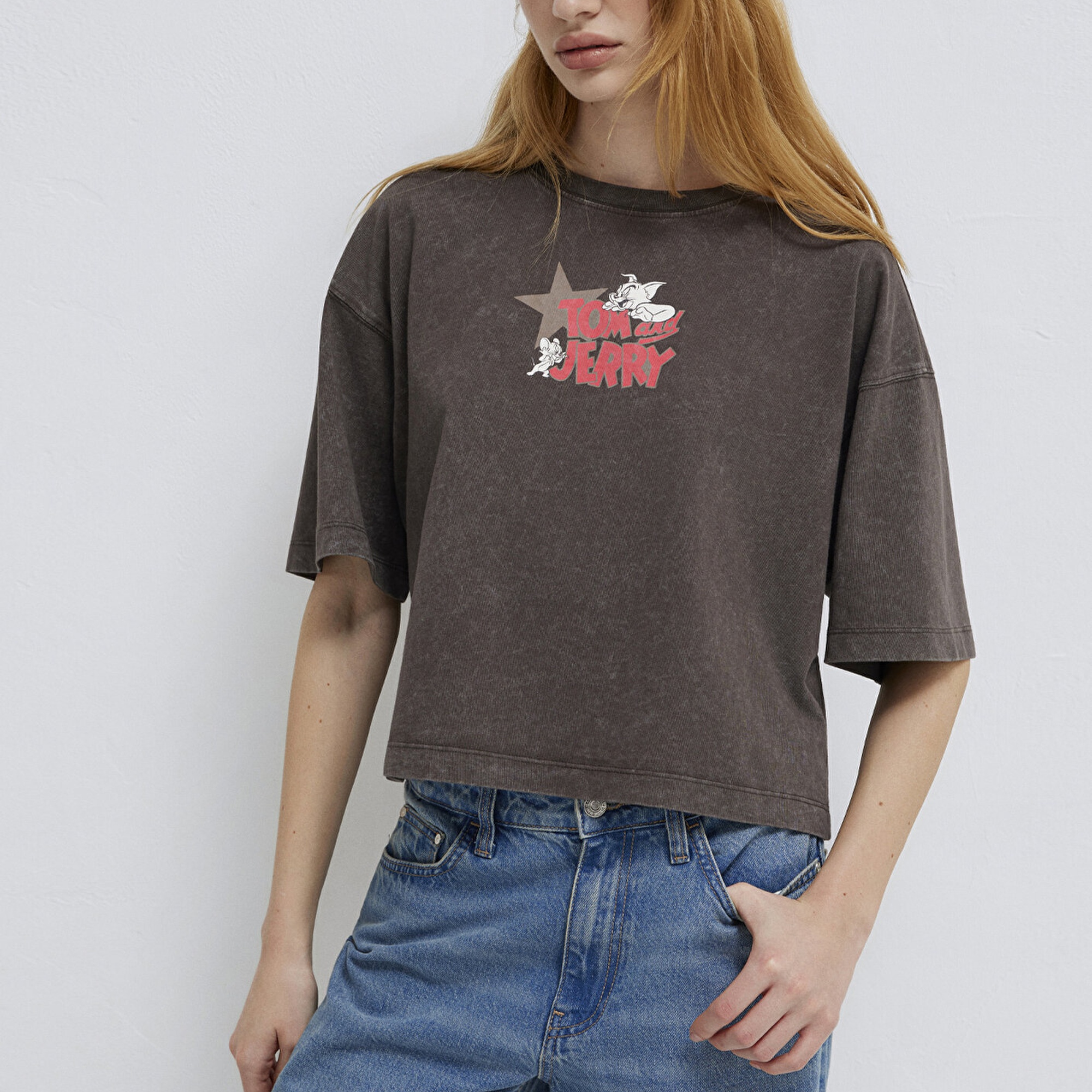 Mavi Tom ve Jerry Baskılı Kahverengi Tişört Boxy Fit 1614044-71603