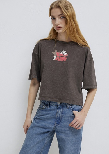  Mavi Tom ve Jerry Baskılı Kahverengi Tişört Boxy Fit 1614044-71603