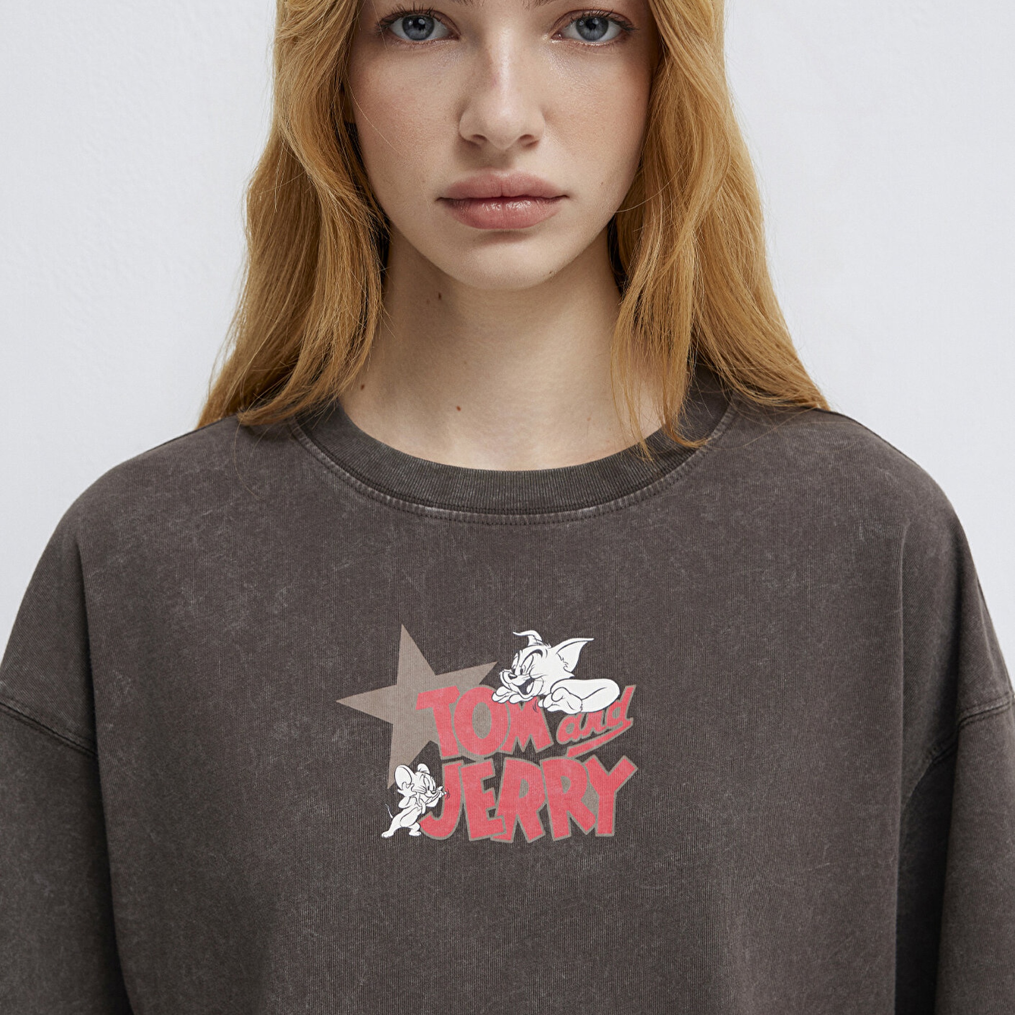 Mavi Tom ve Jerry Baskılı Kahverengi Tişört Boxy Fit 1614044-71603