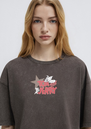  Mavi Tom ve Jerry Baskılı Kahverengi Tişört Boxy Fit 1614044-71603