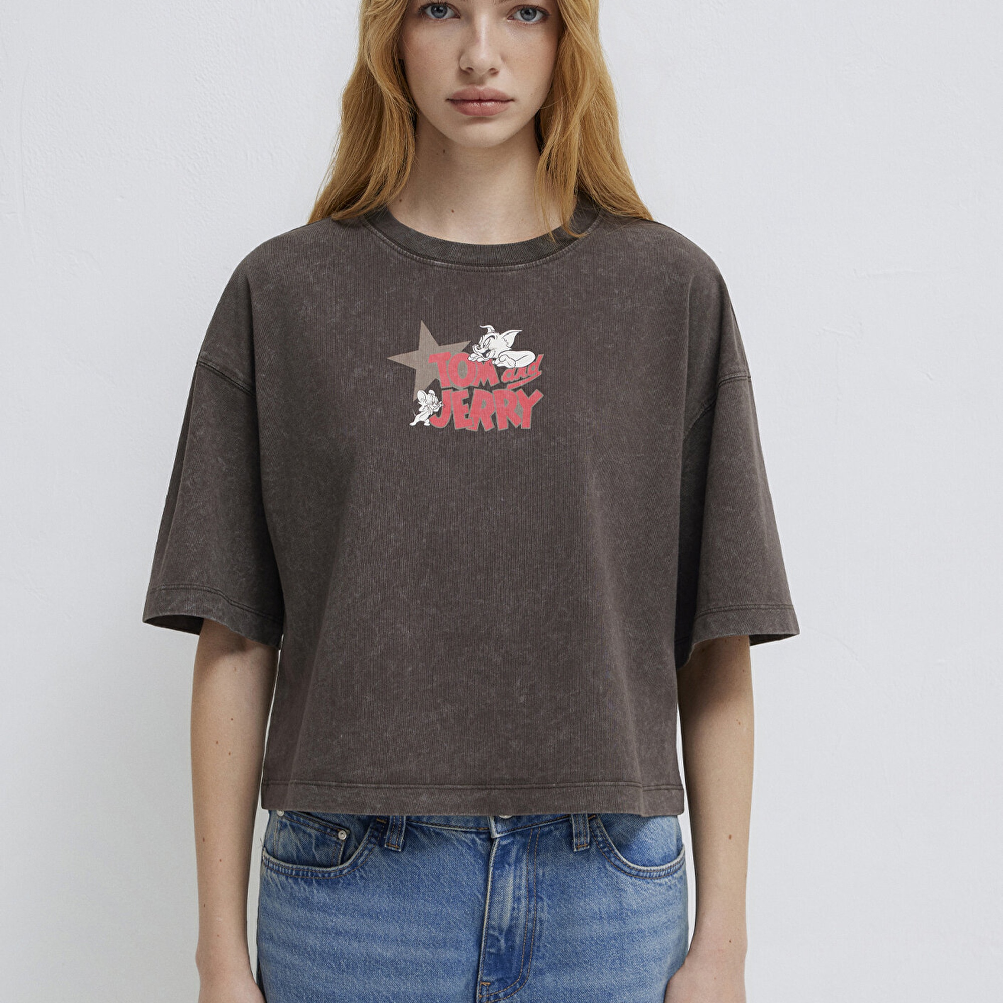 Mavi Tom ve Jerry Baskılı Kahverengi Tişört Boxy Fit 1614044-71603