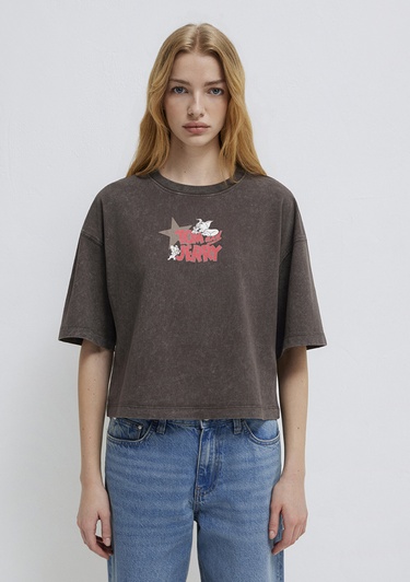  Mavi Tom ve Jerry Baskılı Kahverengi Tişört Boxy Fit 1614044-71603