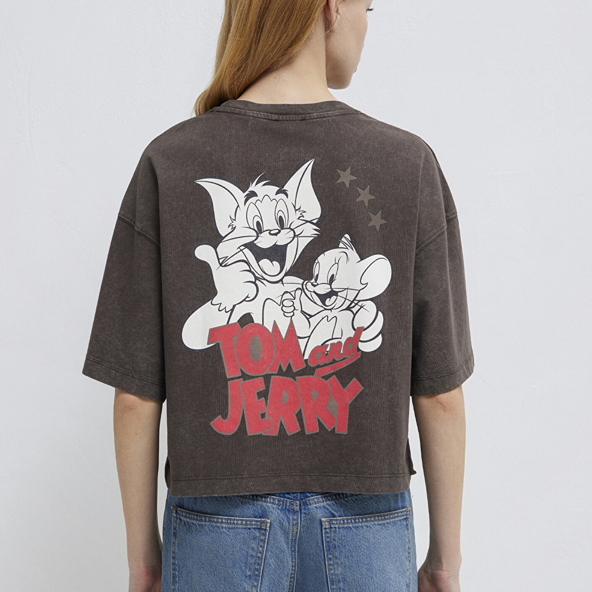 Mavi Tom ve Jerry Baskılı Kahverengi Tişört Boxy Fit 1614044-71603