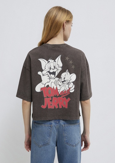  Mavi Tom ve Jerry Baskılı Kahverengi Tişört Boxy Fit 1614044-71603