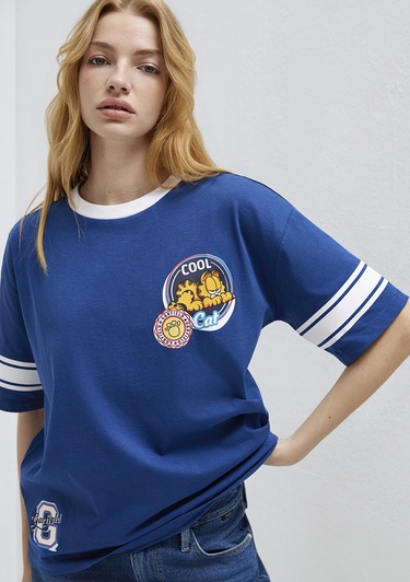  Mavi Garfield Baskılı Lacivert Tişört Loose Fit / Bol Rahat Kesim 1614052-82625