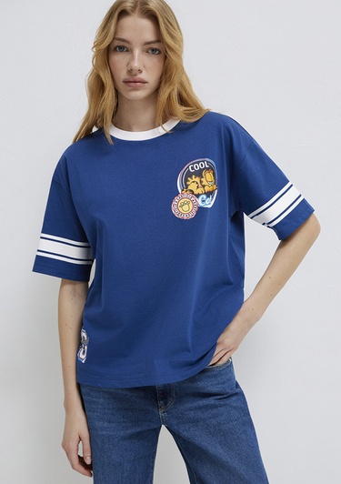  Mavi Garfield Baskılı Lacivert Tişört Loose Fit / Bol Rahat Kesim 1614052-82625