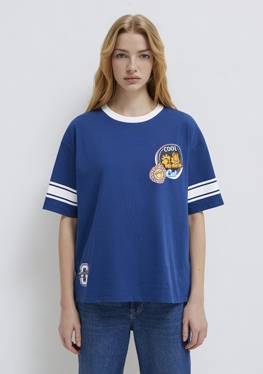  Mavi Garfield Baskılı Lacivert Tişört Loose Fit / Bol Rahat Kesim 1614052-82625