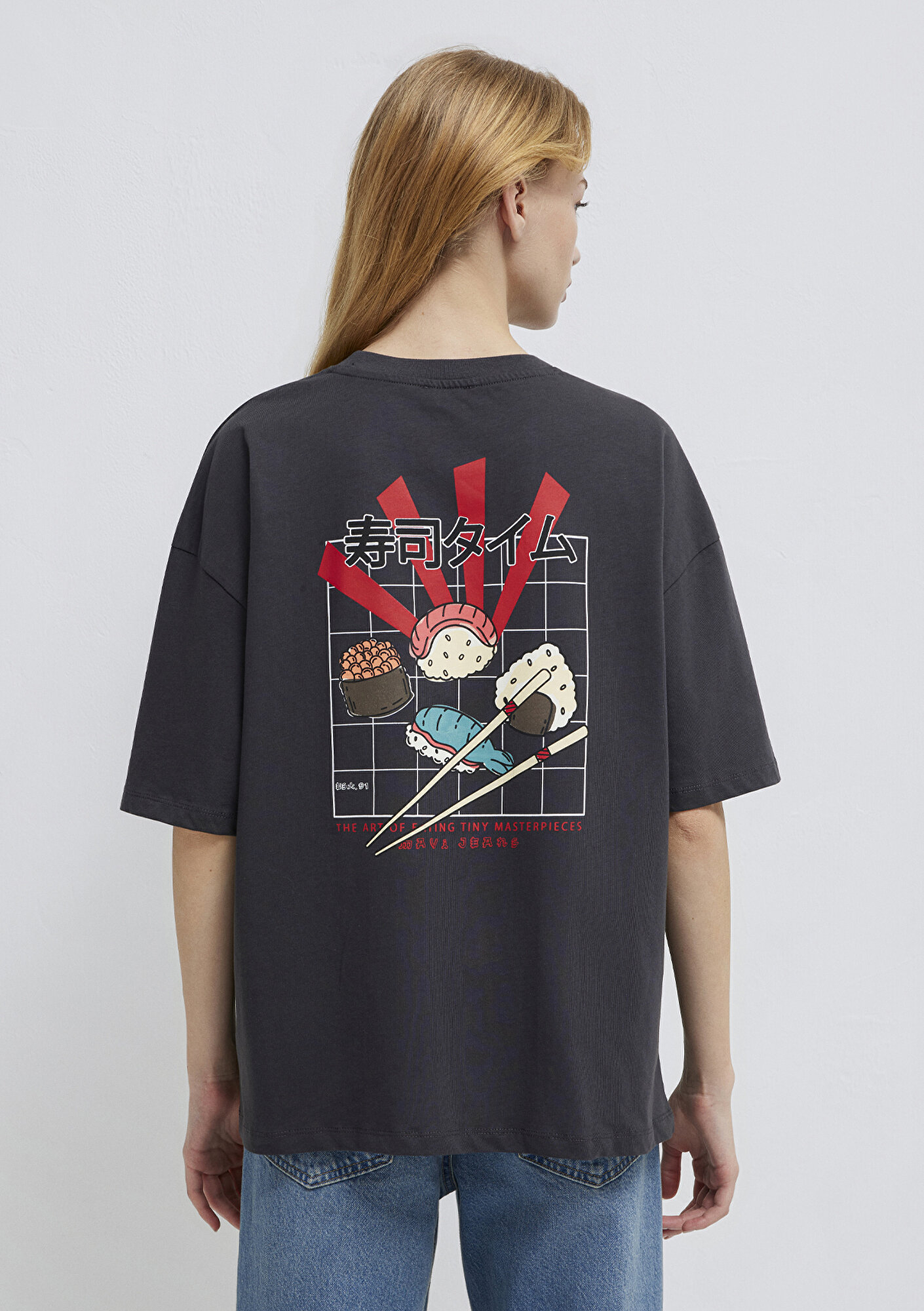 Mavi Sushi Baskılı Antrasit Tişört Loose Fit / Bol Rahat Kesim 1614006-70087