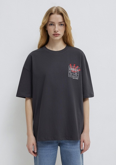  Mavi Sushi Baskılı Antrasit Tişört Loose Fit / Bol Rahat Kesim 1614006-70087