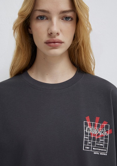  Mavi Sushi Baskılı Antrasit Tişört Loose Fit / Bol Rahat Kesim 1614006-70087