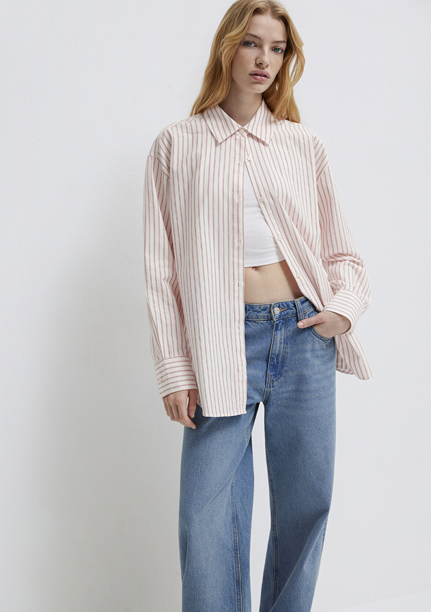  Mavi Çizgili Gömlek Oversize / Geniş Kesim 1211393-91489