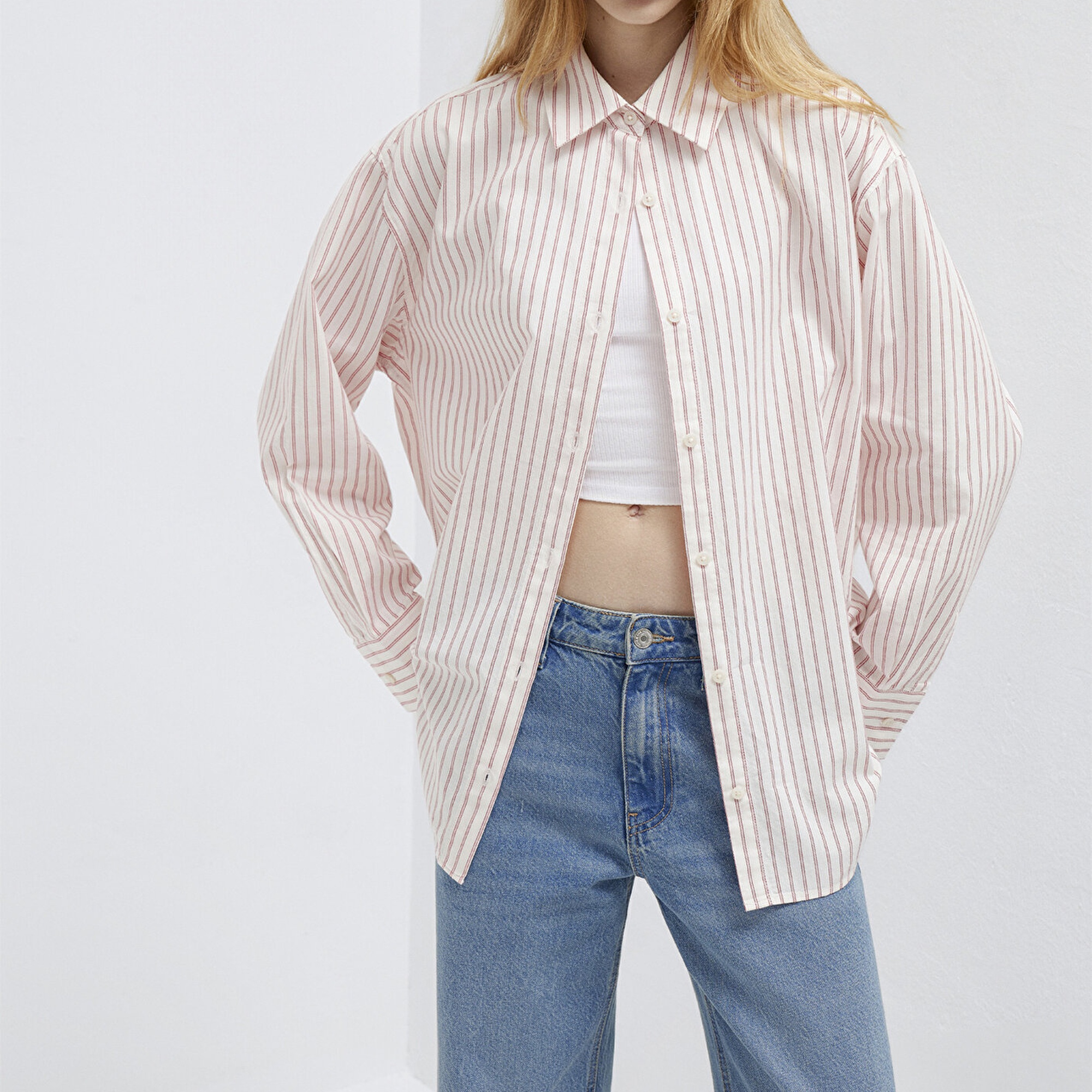 Mavi Çizgili Gömlek Oversize / Geniş Kesim 1211393-91489