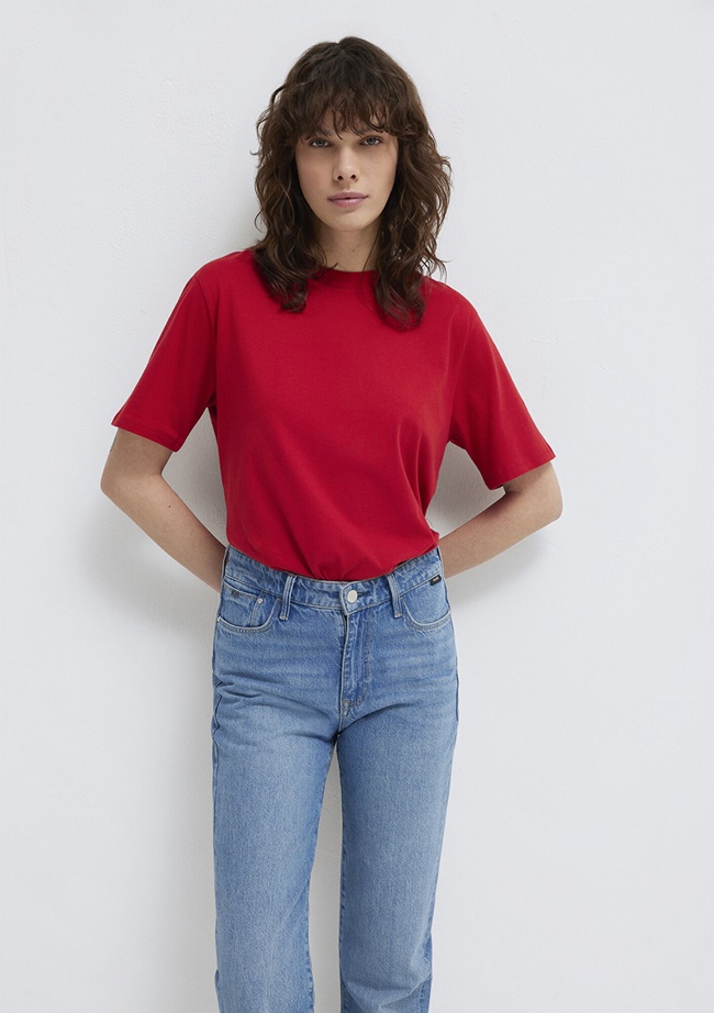  Mavi Bisiklet Yaka Kırmızı Basic Tişört Regular Fit / Normal Kesim 1600955-86417