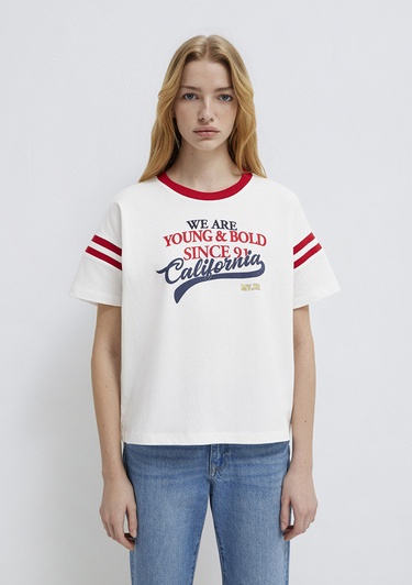  Mavi BaskılıEkru Tişört Regular Fit / Normal Kesim 1613861-70057