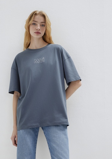  Mavi Mavi Logo Baskılı Lacivert Tişört Oversize / Geniş Kesim 1611592-80776