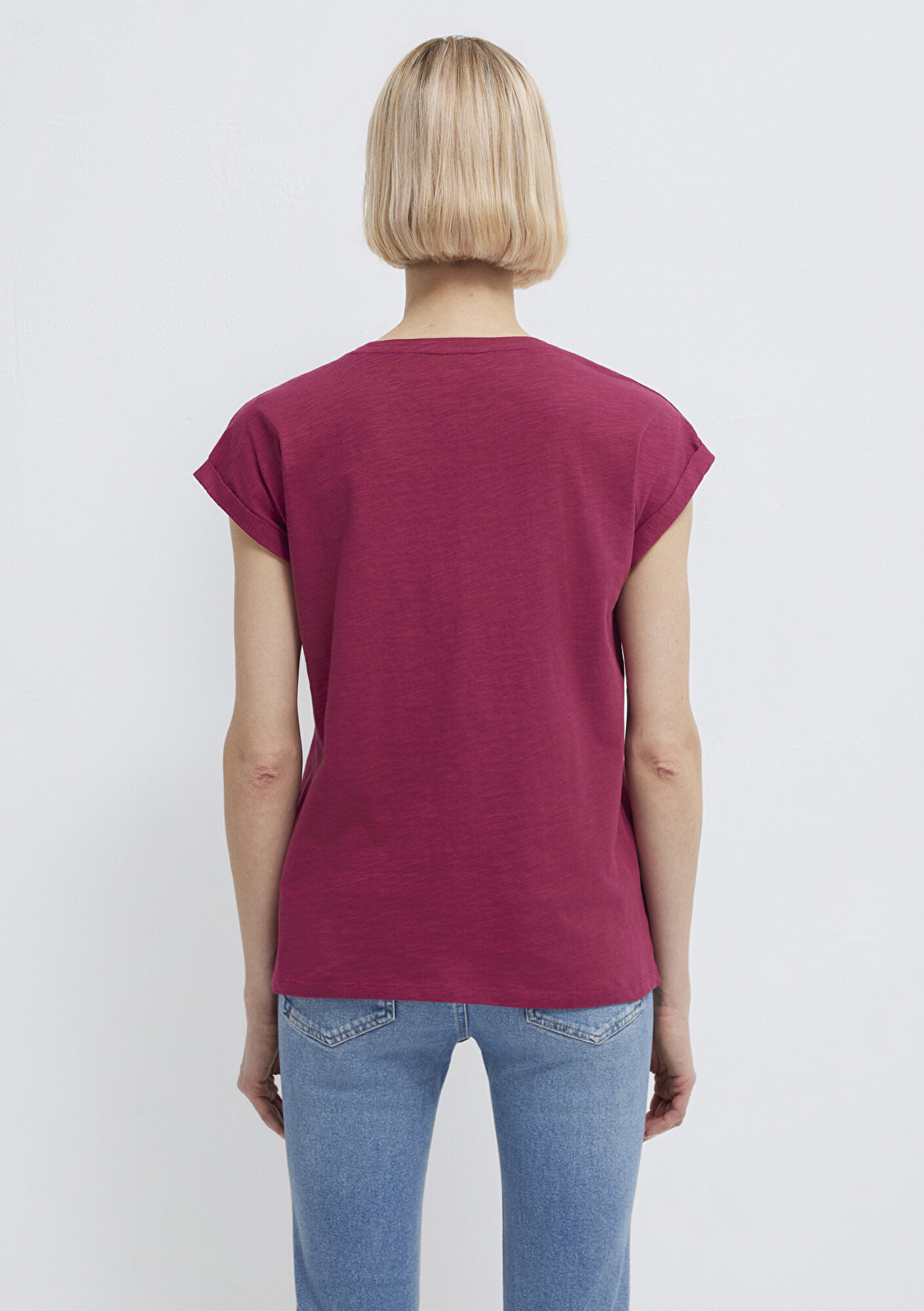 Mavi V Yaka Pembe Basic Tişört Loose Fit / Bol Rahat Kesim 1600961-70919