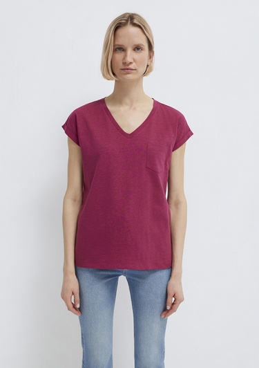  Mavi V Yaka Pembe Basic Tişört Loose Fit / Bol Rahat Kesim 1600961-70919