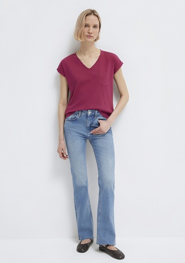  Mavi V Yaka Pembe Basic Tişört Loose Fit / Bol Rahat Kesim 1600961-70919