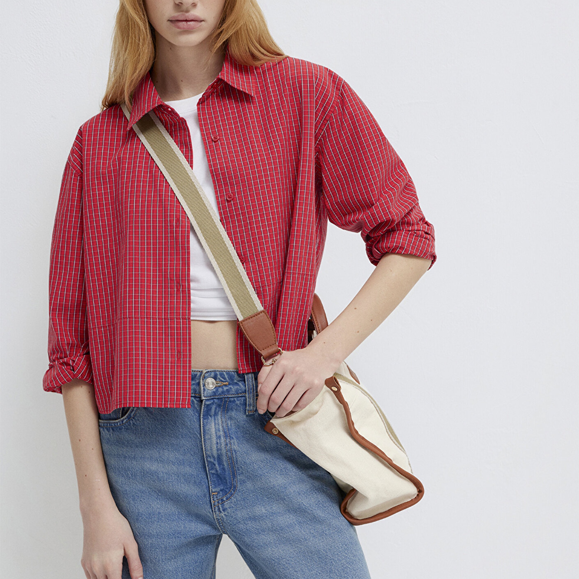 Mavi Ekose Kırmızı Gömlek Loose Fit / Bol Rahat Kesim 1211401-83904