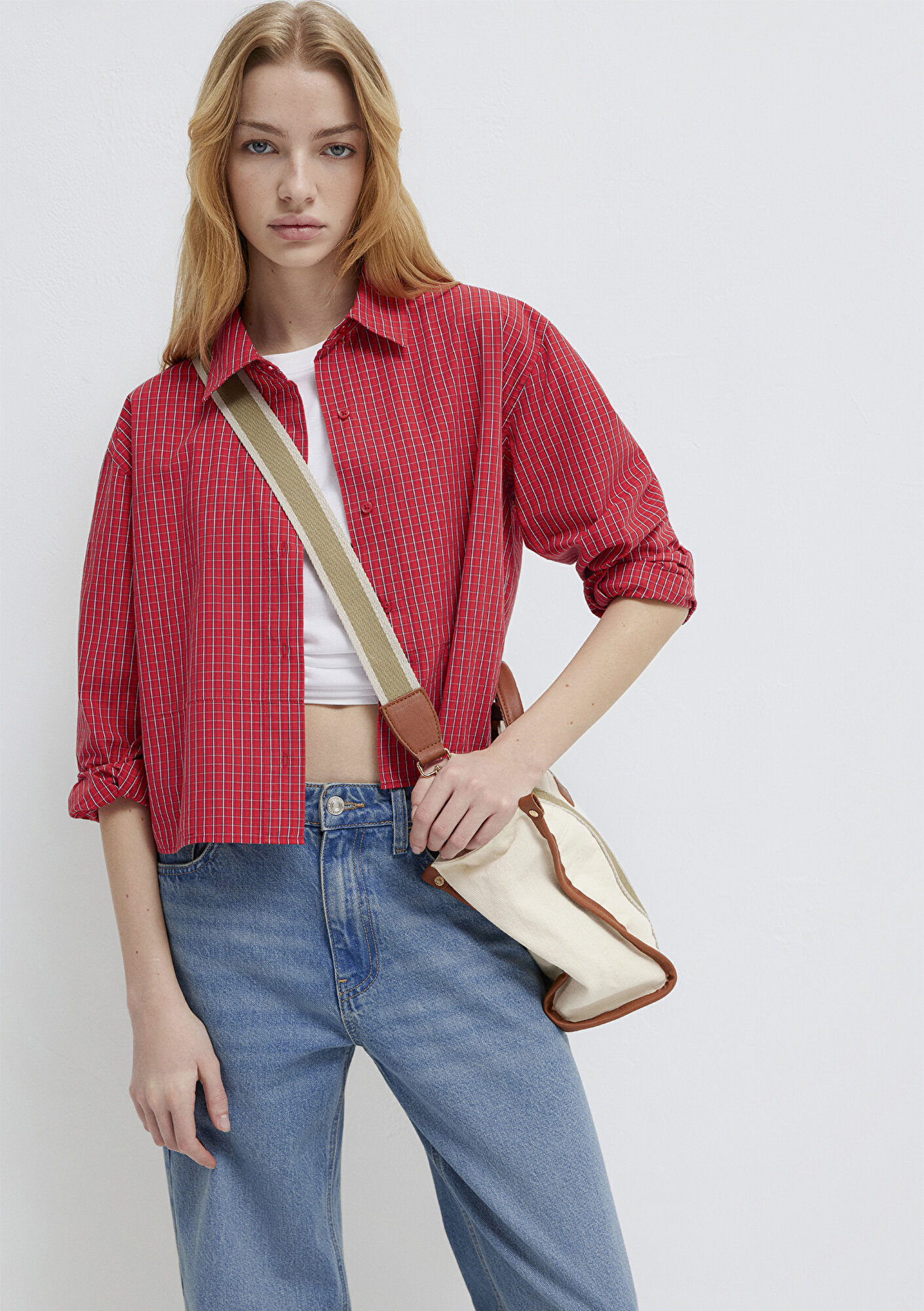  Mavi Ekose Kırmızı Gömlek Loose Fit / Bol Rahat Kesim 1211401-83904