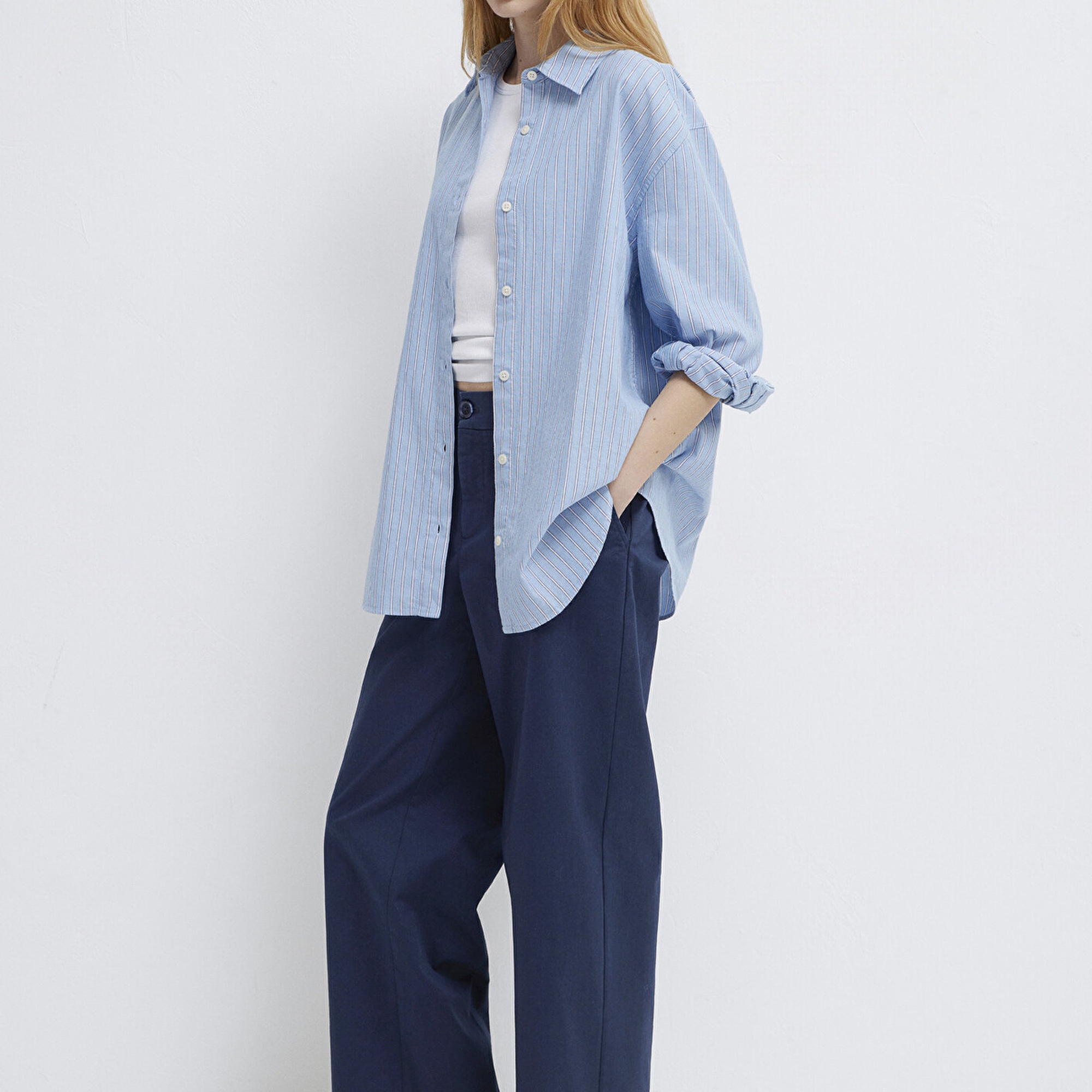 Mavi Çizgili Gömlek Oversize / Geniş Kesim 1211393-89326