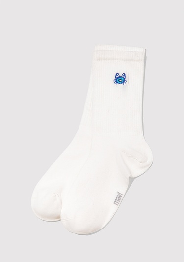  Mavi Yengeç İşlemeli Beyaz Soket Çorabı 1913232-620