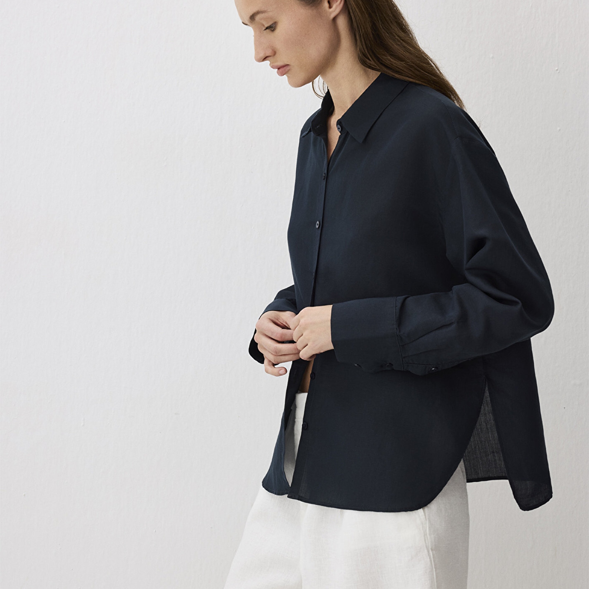 Mavi Lacivert Tencel TM Lyocell Karışımlı Gömlek Loose Fit / Bol Rahat Kesim 1211130-70497