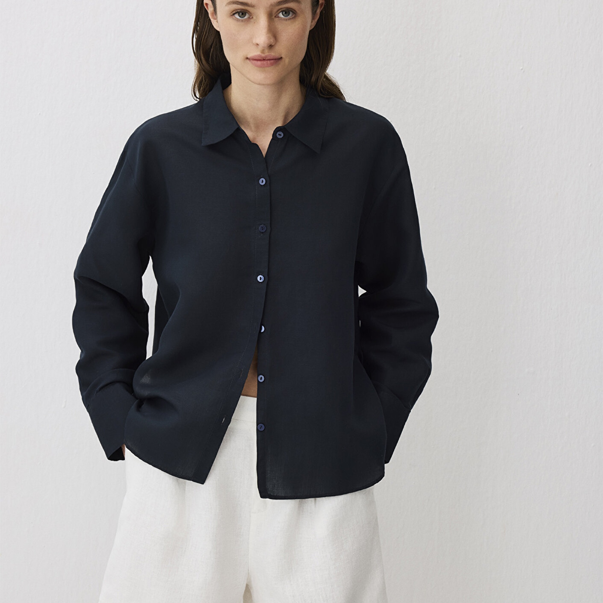 Mavi Lacivert Tencel TM Lyocell Karışımlı Gömlek Loose Fit / Bol Rahat Kesim 1211130-70497