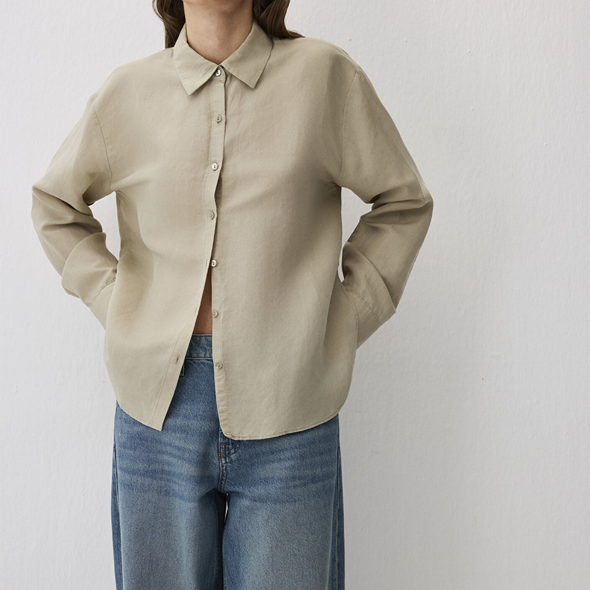 Mavi Gri Tencel TM Lyocell Karışımlı Gömlek Loose Fit / Bol Rahat Kesim 1211130-70146