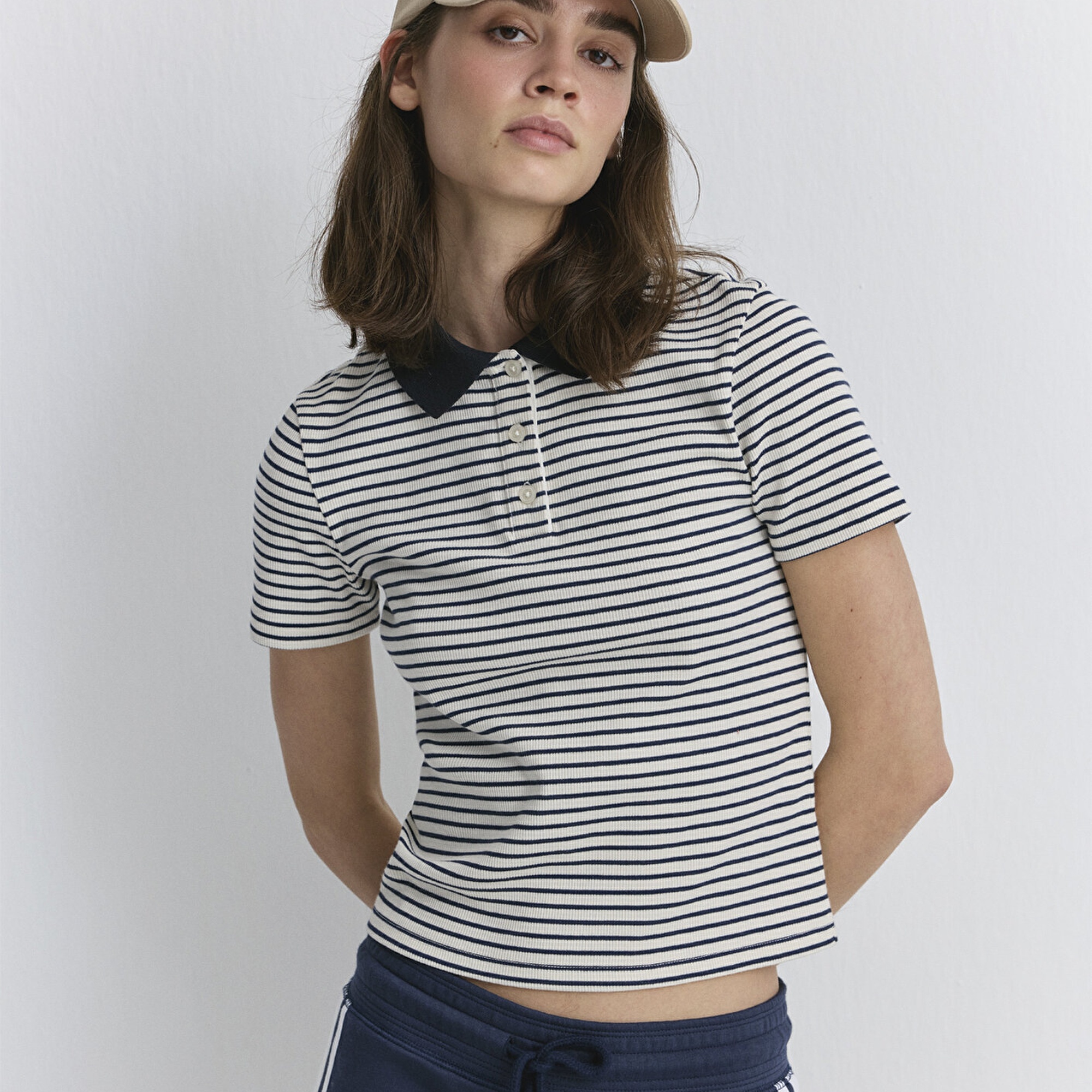 Mavi Çizgili Beyaz Polo Tişört Fitted / Vücuda Oturan Kesim 1613505-86625