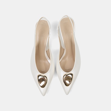  Kadın Beyaz Gold Tokalı Sivri Burun Topuklu Gelin Ayakkabısı