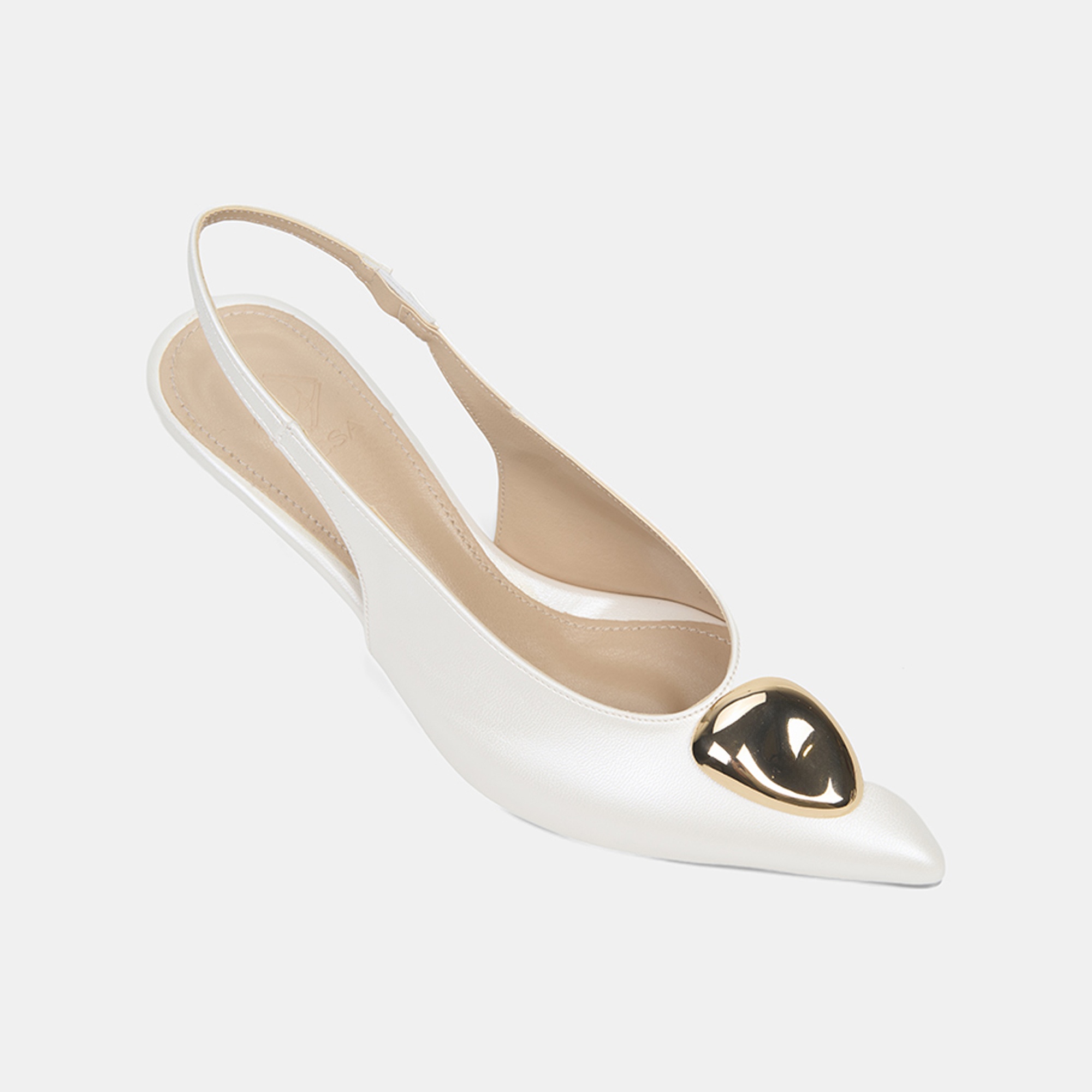 Kadın Beyaz Gold Tokalı Sivri Burun Topuklu Gelin Ayakkabısı