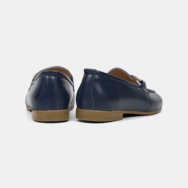  Kadın Lacivert Metal Gold Toka Aksesuarlı Deri Loafer