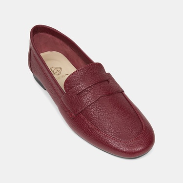  Kadın Kırmızı Yuvarlak Burun Deri Loafer
