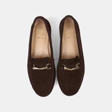  Kadın Koyu Kahve Metal Aksesuarlı Süet Loafer