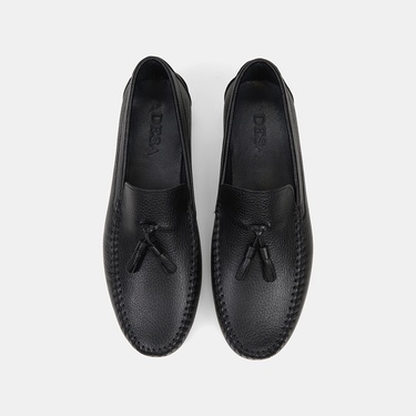  Erkek Siyah Püskül Detaylı Deri Loafer