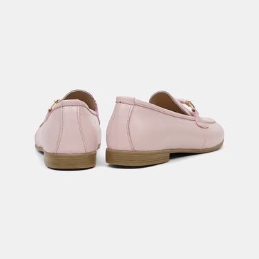  Kadın Pembe Metal Gold Toka Aksesuarlı Deri Loafer