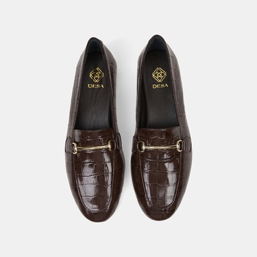  Kadın Acı Kahve Kroko Baskılı Rugan Deri Loafer
