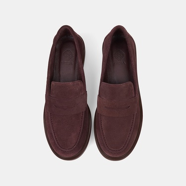  Kadın Bordo Yuvarlak Burun Süet Deri Loafer