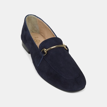  Kadın Lacivert Metal Gold Tokalı Süet Deri Loafer