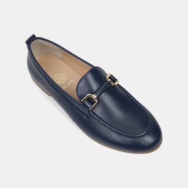  Kadın Lacivert Metal Gold Toka Aksesuarlı Deri Loafer