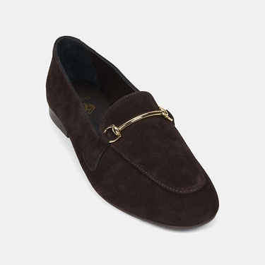  Kadın Kahve Metal Gold Tokalı Süet Deri Loafer