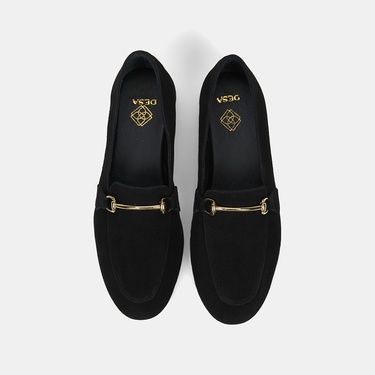  Kadın Siyah Metal Gold Tokalı Süet Deri Loafer