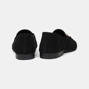  Kadın Siyah Metal Gold Tokalı Süet Deri Loafer